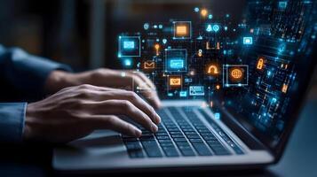 Person Typing on Laptop with Digital Interface Overlay Technology, Communication, and Security Concepts photo