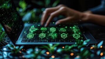 Person Typing on Laptop with Green Data Icons Overlay, Digital Transformation Concept, Networked Technology photo