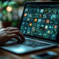 Person Typing on Laptop with Glowing Icons and Application Windows for Modern Business Concept photo