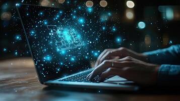 Person Using Laptop with Abstract Data Stream Overlay Cyber Security, AI, Innovation Concept photo