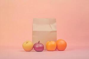 A brown paper bag stands behind an apple, onion, and oranges against pink backdrop photo