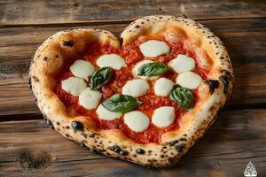 A delicious heart shaped pizza with mozzarella and basil lies on rustic wooden table photo