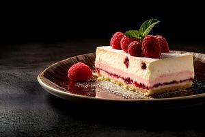 A garnished raspberry cheesecake slice displays its tempting layers against a stark, dark background photo