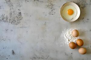A fried egg sits in a bowl near whole eggs and flour on a textured surface photo