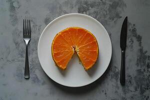 A sliced orange cake rests on a white plate with cutlery set on grey surface photo