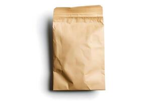 A wrinkled golden brown paper bag rests isolated against a crisp, clean white background photo