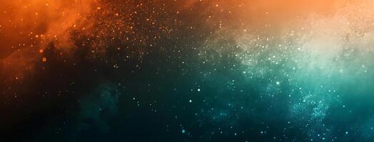 Abstract backdrop features a vibrant orange and teal gradient with scattered, sparkling particle effects photo