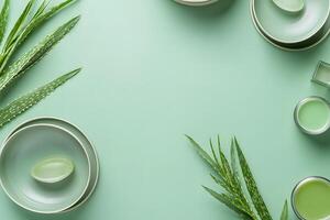 Aloe vera plants and skincare jars are arranged on a soothing light green background photo