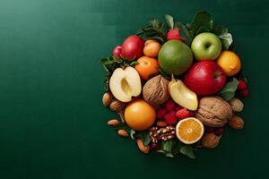 Composition of fresh fruits and nuts arranged beautifully over deep green background showcases natural healthy food photo