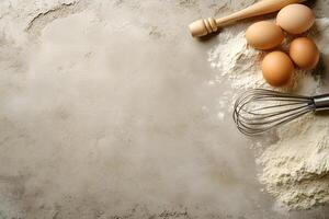 Cooking ingredients like eggs, flour, rolling pin, and whisk sit on a rustic background photo