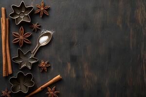 Dark background showcases star anise, cinnamon sticks, cookie cutters, and spoon holding white sugar photo