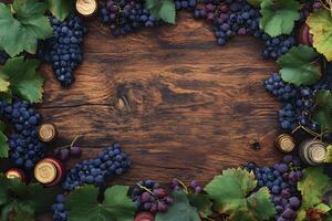 Dark ripe grapes and wine bottle caps are arranged on a rustic wooden surface photo