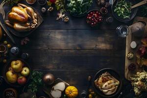 Dark wooden surface shows roasted chicken surrounded by apples, cranberries, pumpkin and fall foliage photo