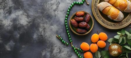 Dates, bread, and apricots are displayed on a gray background with green beads adding contrast photo