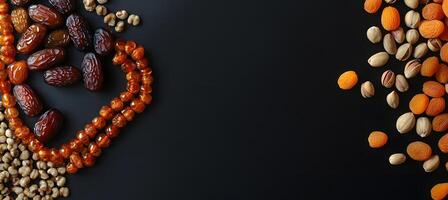 Dates, hazelnuts, prayer beads and apricots are placed together on a smooth dark background photo