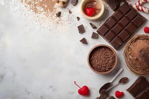 Decadent dark chocolate and cocoa powder create a rich culinary experience on stone surface photo
