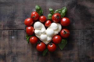 Fresh heart shaped mozzarella cheese surrounded by tomatoes and basil on a rustic wooden surface photo