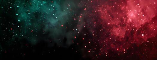 Glowing turquoise and red particles scatter and drift in an abstract dark textured space photo