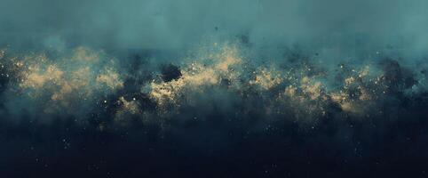 Golden dust scatters across a teal to navy blue gradient backdrop creating an abstract texture photo