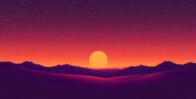 Surreal landscape showcases sun setting behind silhouetted mountains under a starry night sky photo