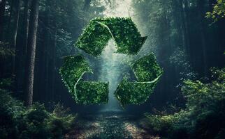 Leafy green recycle symbol appears against the shadowy forest backdrop, suggesting environmental consciousness and ecofriendly concepts photo