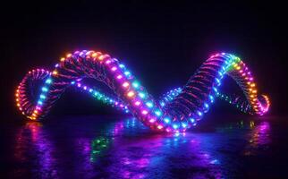 Colorful lightemitting diode lights illuminate a wavy reflective structure against a dark background, creating a vibrant scene photo