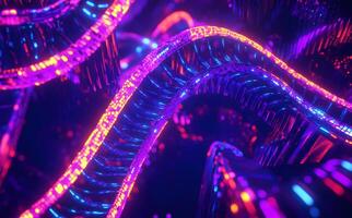 Abstract glowing neon lines curve and connect in a mesmerizing network with purple background photo