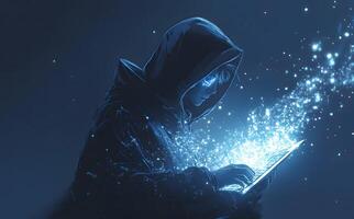 Young hooded coder with glowing eyes types on a laptop amidst digital light sparks photo