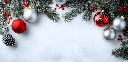 Snowy fir branches and ornaments create a festive, sparkling border against a textured white background photo