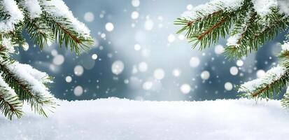 Snowy pine branches frame a winter landscape with soft bokeh lights falling gently photo