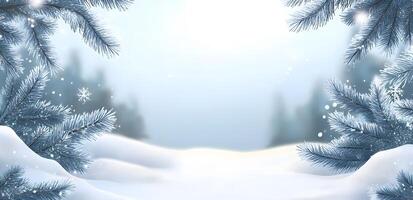 Frozen pine branches elegantly frame a bright winter landscape filled with pristine snowdrifts photo