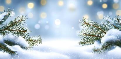 Snowy pine branches frame a softly lit winter backdrop creating festive atmosphere photo