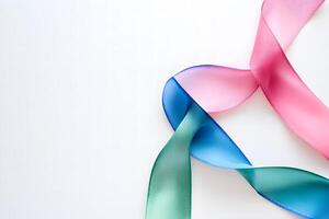 Three colorful silky ribbons intertwine creating an elegant swirling pattern against a pristine white backdrop photo