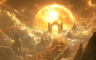 Golden stairs ascend through clouds beneath celestial gate and brilliant light within a cosmic scene photo
