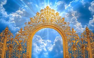 Ornate golden gate glows with sunlight, set against a stunning blue sky photo
