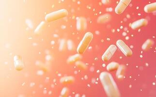 Beige capsule pills and smaller white pills are falling against a bright orange background photo