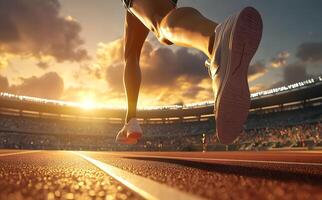 Focused runner sprints forward with determination on stadium track during a bright sunset scenery photo