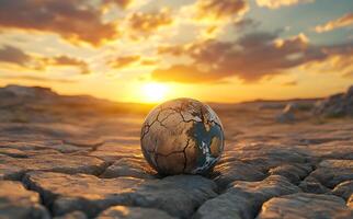 Cracked Earth globe rests on parched land under a vibrant golden sunset, symbolizing ecological crises photo