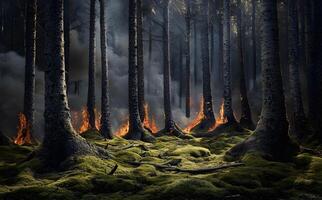 Wildfire is engulfing the darkened trunks of trees within a lush mossy forest photo