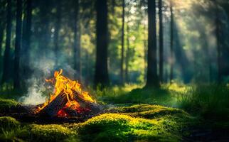 Sunlight streams through forest trees illuminating a campfire burning brightly on mossy ground photo