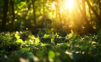 The green recycle arrows symbolize the need to protect the environment within our forests photo