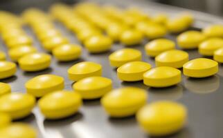 Rows of yellow oval pills arranged tightly on a gray, reflective surface extend into distance photo