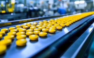 Rows of bright yellow tablets move along a conveyor belt in a factory setting photo