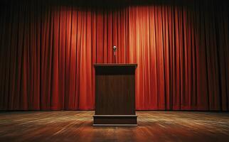 An empty wooden podium stands illuminated on a stage with a red curtain backdrop photo