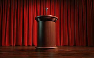 An ornate wooden podium with a microphone stands before a rich red curtain backdrop photo