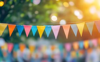 Colorful triangular bunting hangs in a festive outdoor setting with natural sunlight and bokeh photo