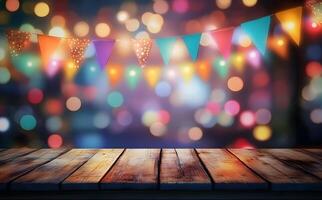 Wooden table surface with hanging colorful pennants and bokeh lights background creates a festive atmosphere photo