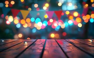 Wooden planks are set against festive bokeh lights and colorful pennant banner backdrop photo