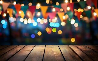 Rustic wood table shows a festive party background with colorful bokeh and flags photo