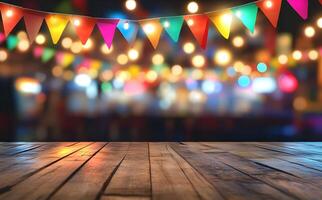 Festive bunting and bright lights create a vibrant, bokeh background above the rustic wooden surface photo